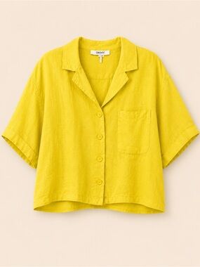 DKNY Bright Yellow Linen Short-Sleeve Button-Down Shirt